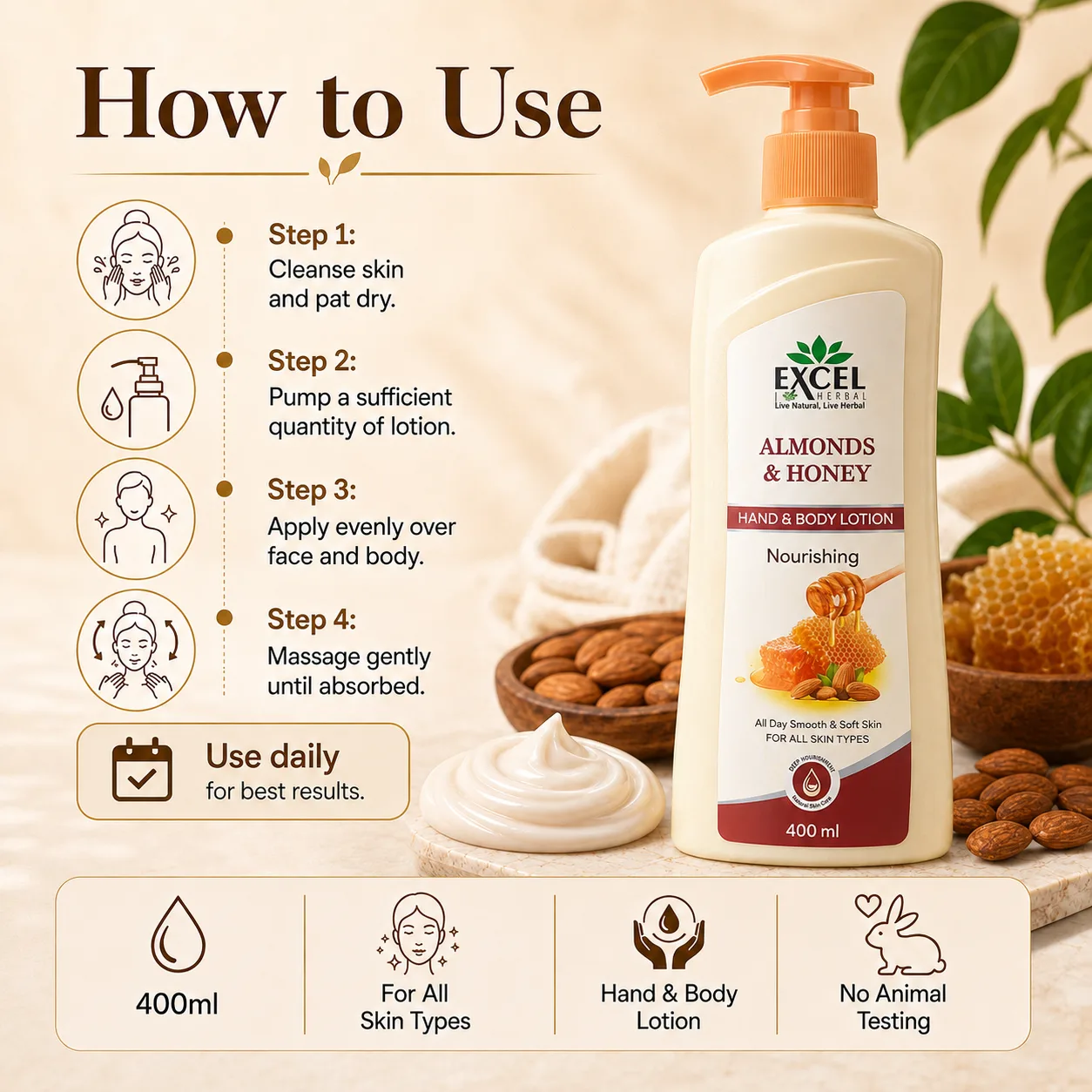 Excel Herbal Almonds & Honey Nourishing Hand & Body Lotion – 400 ml - Image 3