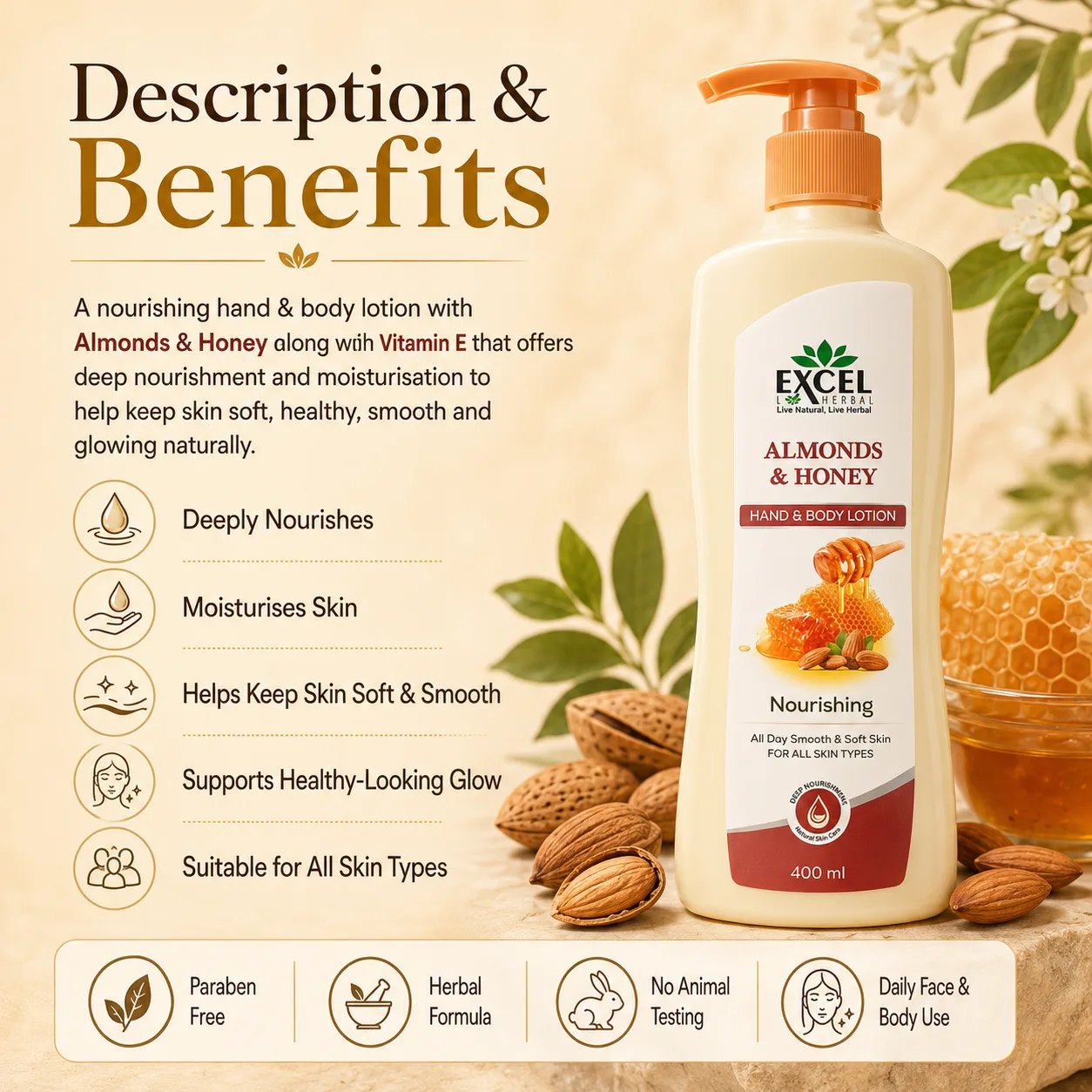 Excel Herbal Almonds & Honey Nourishing Hand & Body Lotion – 400 ml - Image 4