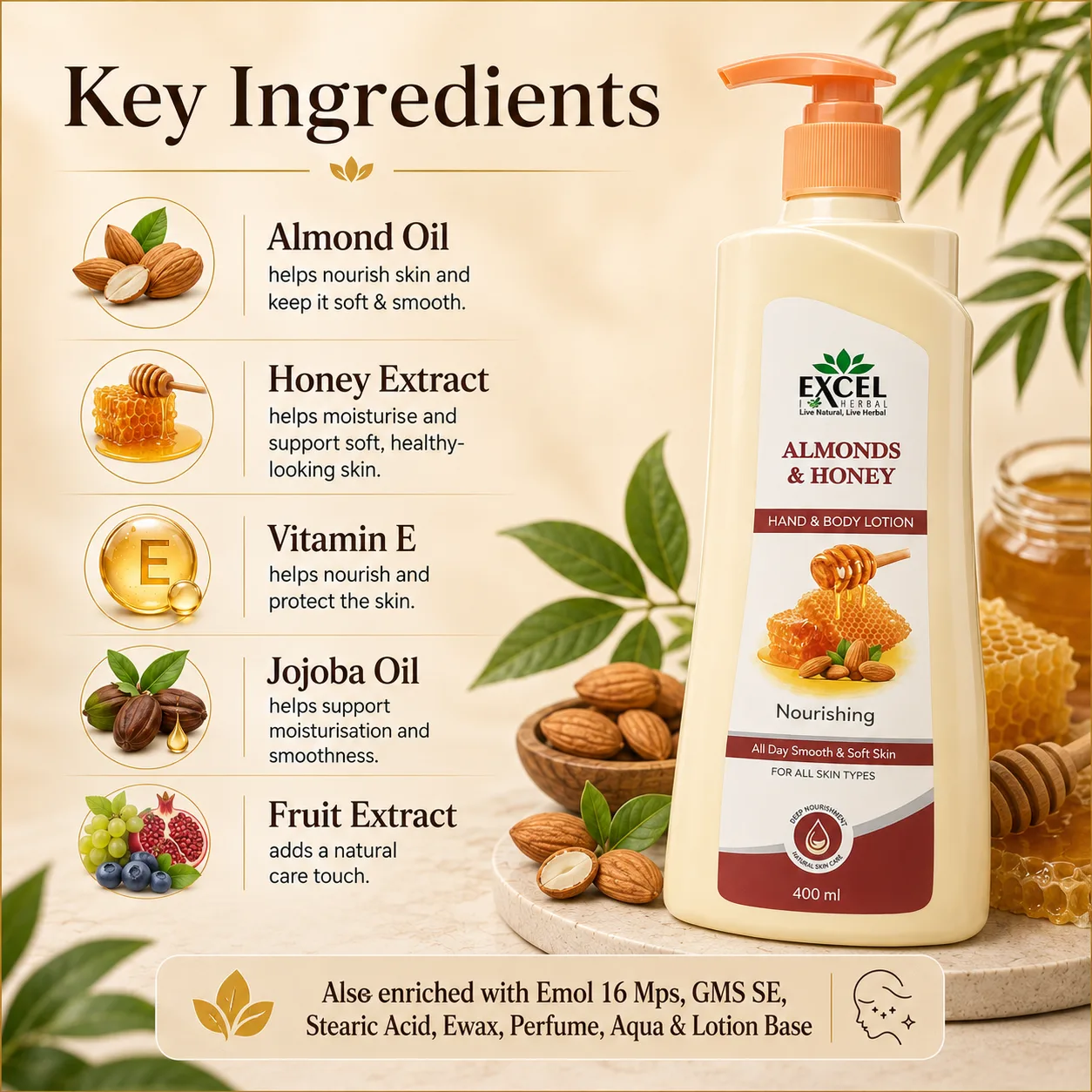 Excel Herbal Almonds & Honey Nourishing Hand & Body Lotion – 400 ml - Image 5