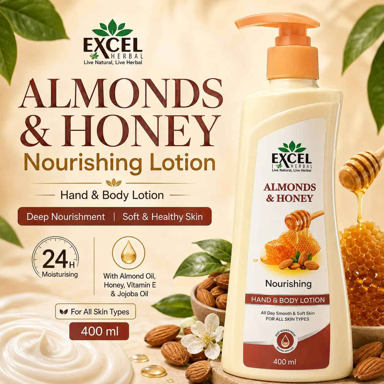 Excel Herbal Almonds & Honey Nourishing Hand & Body Lotion – 400 ml - Image 2
